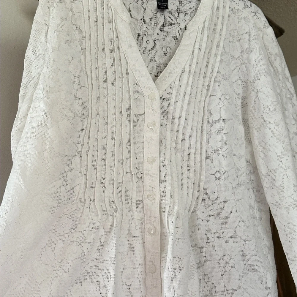 Cotton Pintuck Button-Front Women's Top - White - Picture 1 of 3